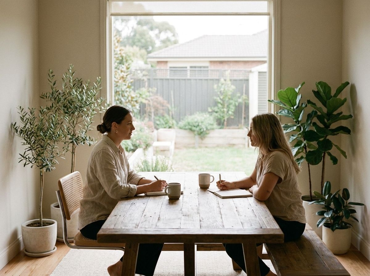 Photorealistic integrative wellness consultation space with soft natural light, calming neutral tones, warm wood textures, subtle greenery, elevated holistic medical environment, peaceful healing atmosphere, minimal and refined composition, supportiv...